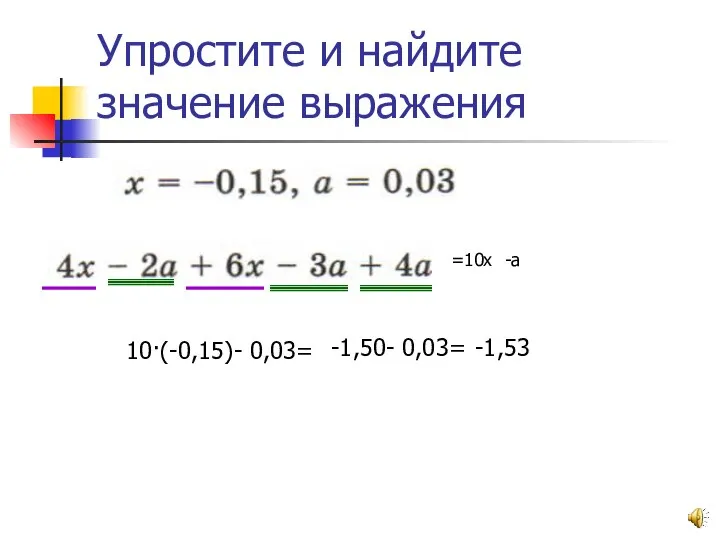 Упростите и найдите значение выражения =10х -а 10·(-0,15)- 0,03= -1,50- 0,03= -1,53