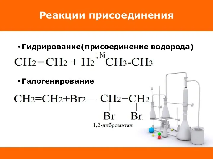 Реакции присоединения Гидрирование(присоединение водорода) Галогенирование