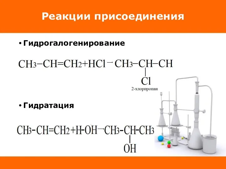 Реакции присоединения Гидрогалогенирование Гидратация