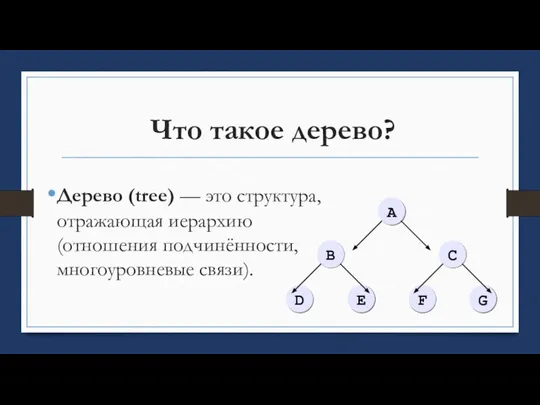 Что такое дерево? Дерево (tree) — это структура, отражающая иерархию (отношения подчинённости, многоуровневые связи).