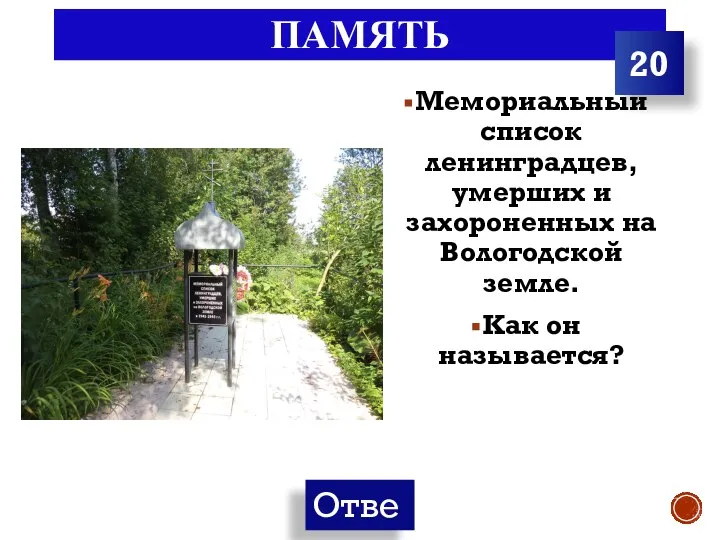 ПАМЯТЬ Мемориальный список ленинградцев, умерших и захороненных на Вологодской земле. Как он называется? 20