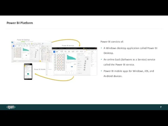 Power BI Platform Power BI consists of: A Windows desktop application called