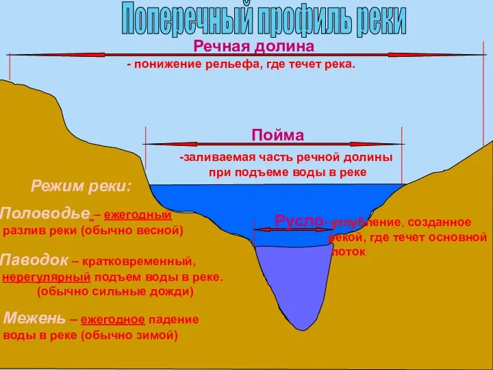 Русло Пойма Поперечный профиль реки Речная долина заливаемая часть речной долины при