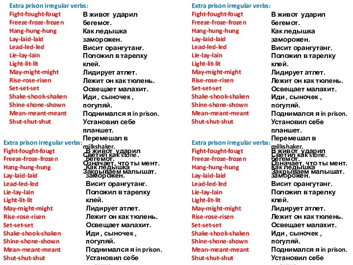 Extra prison irregular verbs: Fight-fought-fougt Freeze-froze-frozen Hang-hung-hung Lay-laid-laid Lead-led-led Lie-lay-lain Light-lit-lit May-might-might