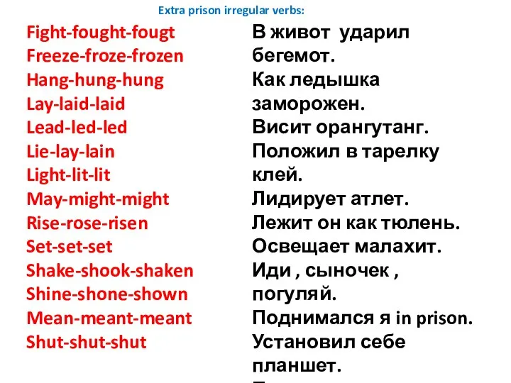 Fight-fought-fougt Freeze-froze-frozen Hang-hung-hung Lay-laid-laid Lead-led-led Lie-lay-lain Light-lit-lit May-might-might Rise-rose-risen Set-set-set Shake-shook-shaken Shine-shone-shown