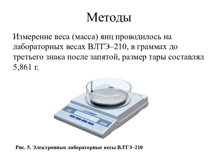 Методы Измерение веса (масса) яиц проводилось на лабораторных весах ВЛТЭ–210, в граммах