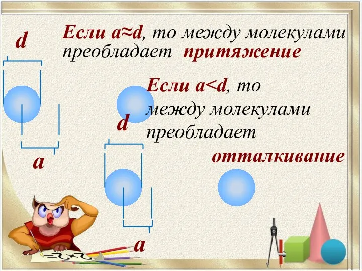 а d Если а≈d, то между молекулами преобладает притяжение а d Если