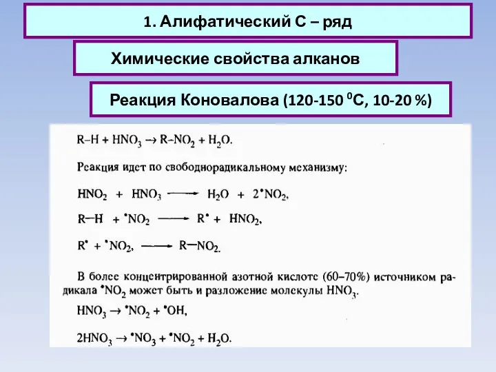 1. Алифатический С – ряд Химические свойства алканов Реакция Коновалова (120-150 0С, 10-20 %)