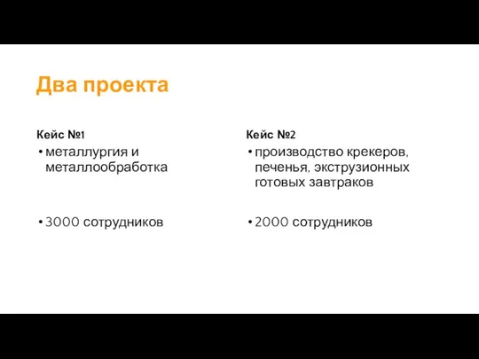 Два проекта Кейс №1 металлургия и металлообработка 3000 сотрудников Кейс №2 производство