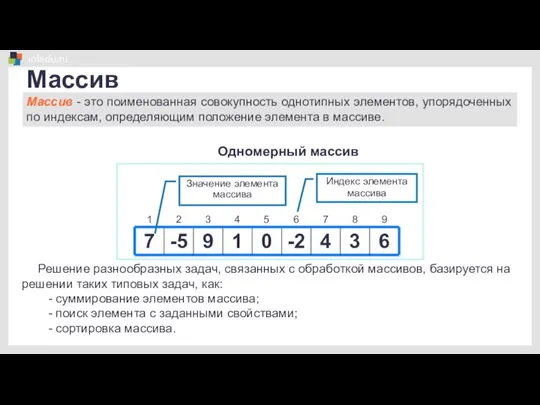 Массив Массив - это поименованная совокупность однотипных элементов, упорядоченных по индексам, определяющим