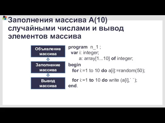 Объявление массива Заполнение массива Вывод массива program n_1 ; var i: integer;