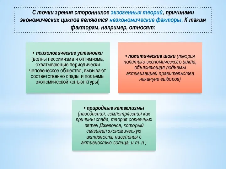 С точки зрения сторонников экзогенных теорий, причинами экономических циклов являются неэкономические факторы.