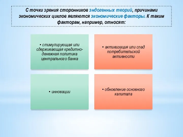 ▪ стимулирующая или сдерживающая кредитно-денежная политика центрального банка ▪ активизация или спад