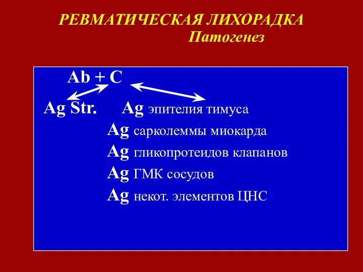 РЕВМАТИЧЕСКАЯ ЛИХОРАДКА Патогенез Ab + C Ag Str. Ag эпителия тимуса Ag