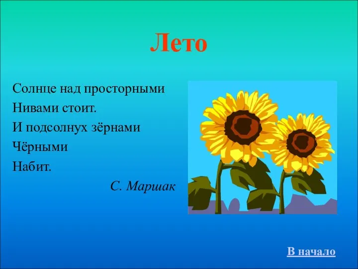 Лето Солнце над просторными Нивами стоит. И подсолнух зёрнами Чёрными Набит. С. Маршак В начало