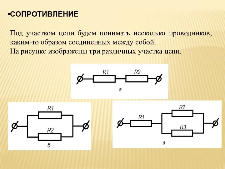 СОПРОТИВЛЕНИЕ Под участком цепи будем понимать несколько проводников, каким-то образом соединенных между