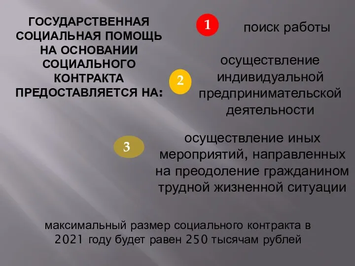 ГОСУДАРСТВЕННАЯ СОЦИАЛЬНАЯ ПОМОЩЬ НА ОСНОВАНИИ СОЦИАЛЬНОГО КОНТРАКТА ПРЕДОСТАВЛЯЕТСЯ НА: поиск работы осуществление