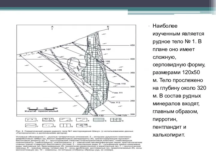 Наиболее изученным является рудное тело № 1. В плане оно имеет сложную,