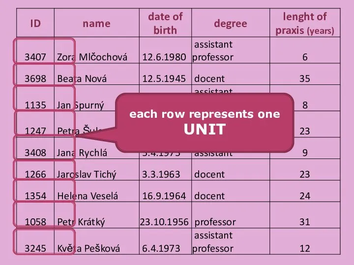 each row represents one UNIT