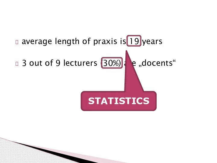 average length of praxis is 19 years 3 out of 9 lecturers (30%) are „docents“ STATISTICS