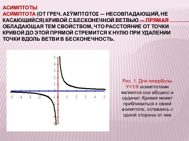 АСИМПТОТЫ АСИ́МПТОТА (ОТ ГРЕЧ. ΑΣΫΜΠΤΩΤΟΣ — НЕСОВПАДАЮЩИЙ, НЕ КАСАЮЩИЙСЯ) КРИВОЙ С БЕСКОНЕЧНОЙ