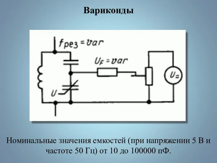 Вариконды Номинальные значения емкостей (при напряжении 5 В и частоте 50 Гц)