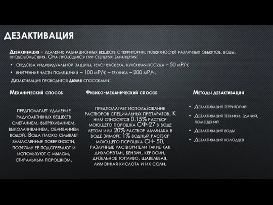 ДЕЗАКТИВАЦИЯ Дезактивация – удаление радиационных веществ с территории, поверхностей различных объектов, воды,