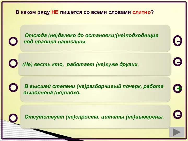 В высшей степени (не)разборчивый почерк, работа выполнена (не)плохо. (Не) весть кто, работает