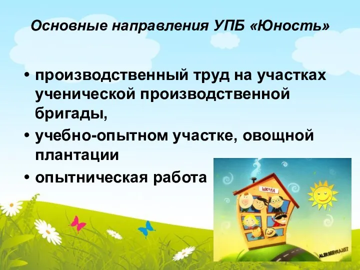 Основные направления УПБ «Юность» производственный труд на участках ученической производственной бригады, учебно-опытном