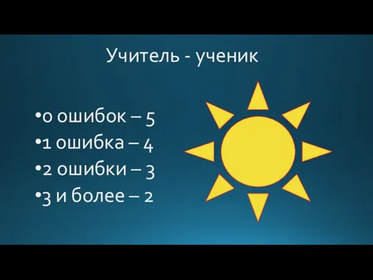 Учитель - ученик 0 ошибок – 5 1 ошибка – 4 2