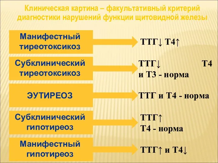 Клиническая картина – факультативный критерий диагностики нарушений функции щитовидной железы ТТГ↓ Т4↑