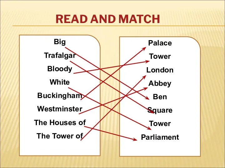 READ AND MATCH Big Trafalgar Bloody White Buckingham Westminster The Houses of