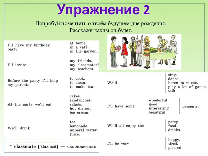 Упражнение 2 Попробуй помечтать о твоём будущем дне рождения. Расскажи каким он будет.