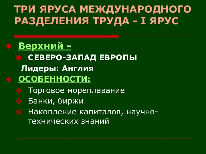 ТРИ ЯРУСА МЕЖДУНАРОДНОГО РАЗДЕЛЕНИЯ ТРУДА - I ЯРУС Верхний - СЕВЕРО-ЗАПАД ЕВРОПЫ