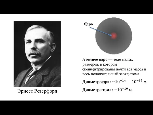 Эрнест Резерфорд Атомное ядро — тело малых размеров, в котором сконцентрированы почти