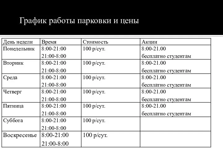 График работы парковки и цены График работы парковки и цены*: *при длительном