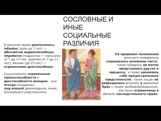 СОСЛОВНЫЕ И ИНЫЕ СОЦИАЛЬНЫЕ РАЗЛИЧИЯ В римском праве различались: infantes (дети до