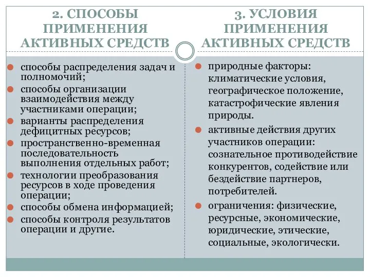 2. СПОСОБЫ ПРИМЕНЕНИЯ АКТИВНЫХ СРЕДСТВ способы распределения задач и полномочий; способы организации