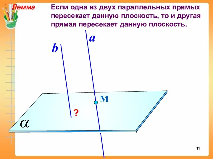 Лемма Если одна из двух параллельных прямых пересекает данную плоскость, то и