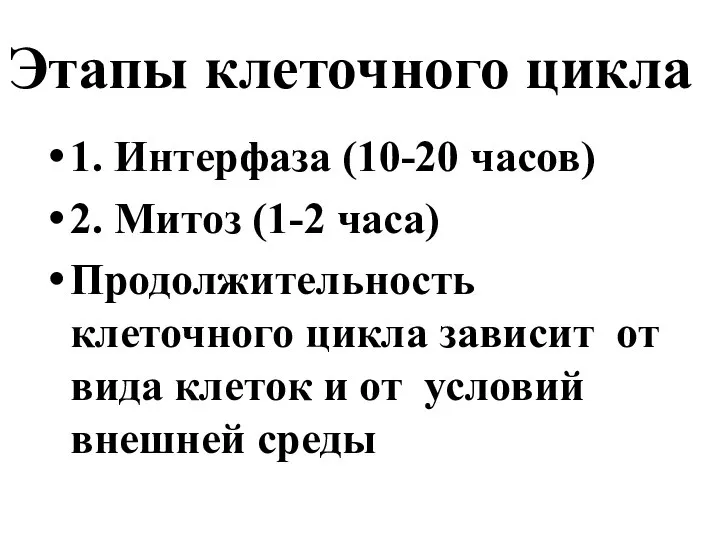 Этапы клеточного цикла 1. Интерфаза (10-20 часов) 2. Митоз (1-2 часа) Продолжительность