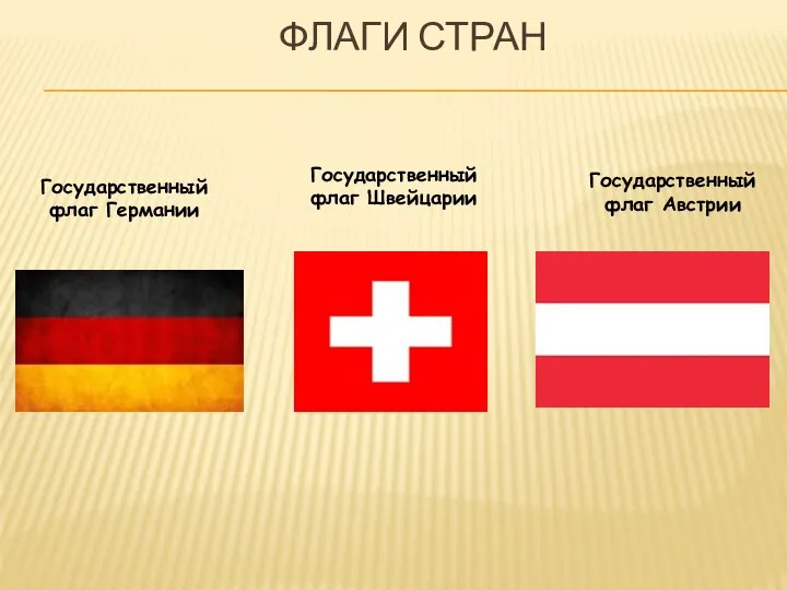 ФЛАГИ СТРАН Государственный флаг Австрии Государственный флаг Германии Государственный флаг Швейцарии