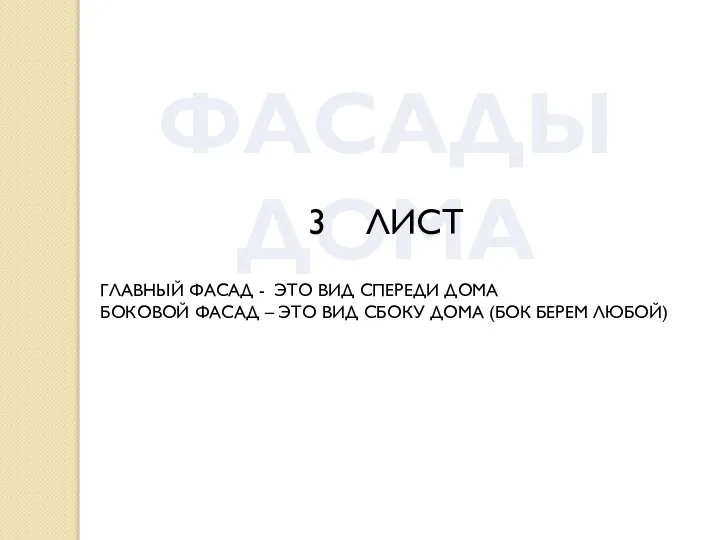 ФАСАДЫ ДОМА ЛИСТ ГЛАВНЫЙ ФАСАД - ЭТО ВИД СПЕРЕДИ ДОМА БОКОВОЙ ФАСАД