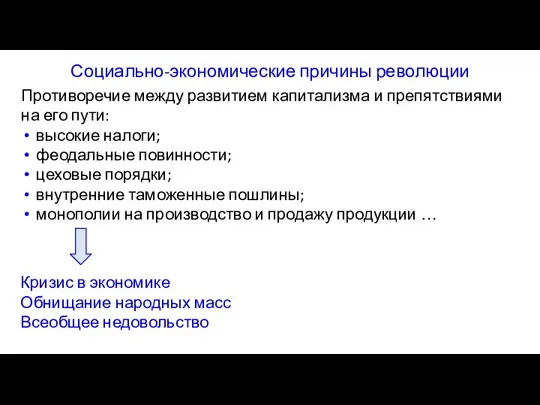 Противоречие между развитием капитализма и препятствиями на его пути: высокие налоги; феодальные