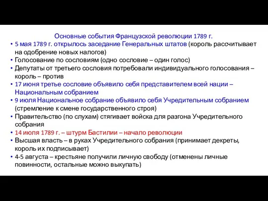 Основные события Французской революции 1789 г. 5 мая 1789 г. открылось заседание