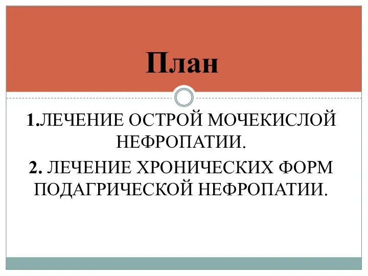 1.ЛЕЧЕНИЕ ОСТРОЙ МОЧЕКИСЛОЙ НЕФРОПАТИИ. 2. ЛЕЧЕНИЕ ХРОНИЧЕСКИХ ФОРМ ПОДАГРИЧЕСКОЙ НЕФРОПАТИИ. План