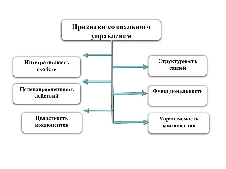 Признаки социального управления Интегративность свойств Целенаправленность действий Целостность компонентов Структурность связей Функциональность Управляемость компонентов