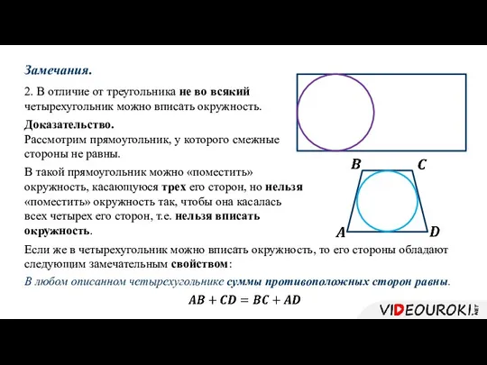 Замечания. 2. В отличие от треугольника не во всякий четырехугольник можно вписать