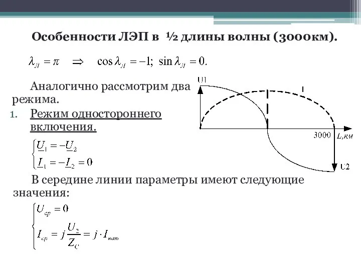 Особенности ЛЭП в ½ длины волны (3000км). Аналогично рассмотрим два режима. Режим