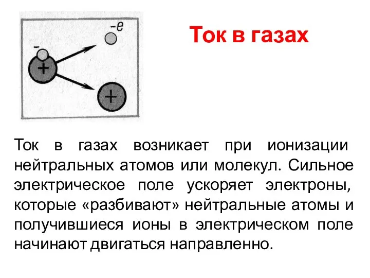 Ток в газах Ток в газах возникает при ионизации нейтральных атомов или