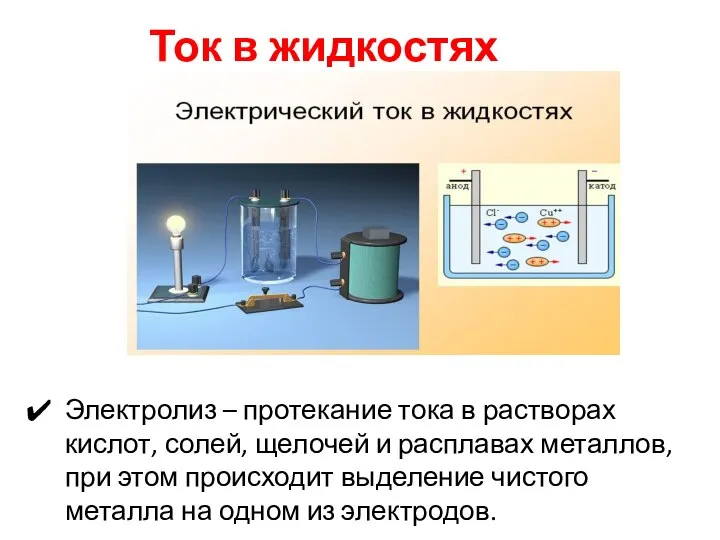 Ток в жидкостях Электролиз – протекание тока в растворах кислот, солей, щелочей